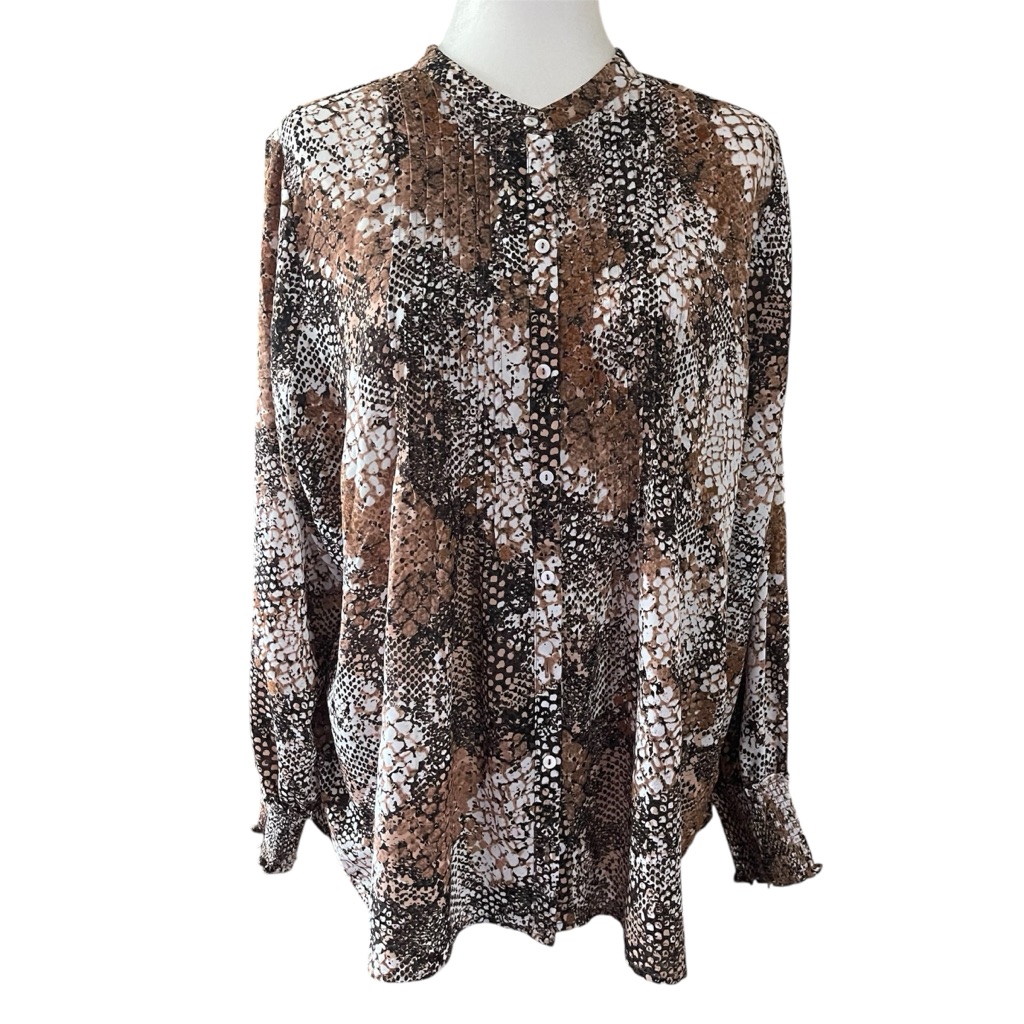 Nydj Brown Snakeskin Print Pleated Peasant Blouse Us L